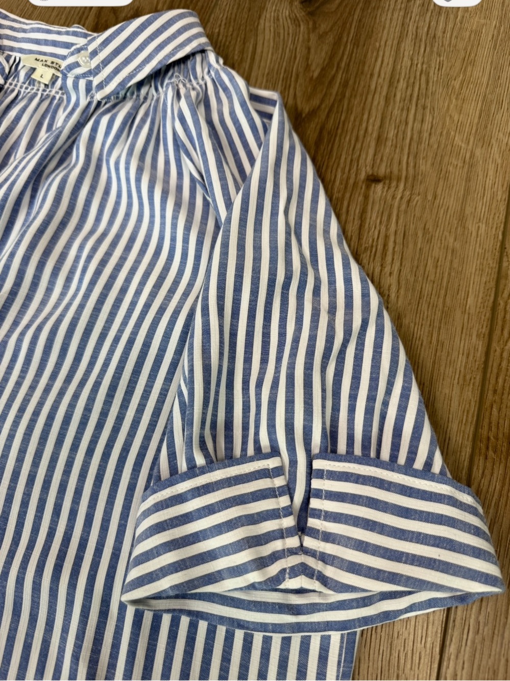 Max Studio Blue & White Striped Popover Blouse Collared Neck Short Cuffed Sleeve - Picture 8 of 11